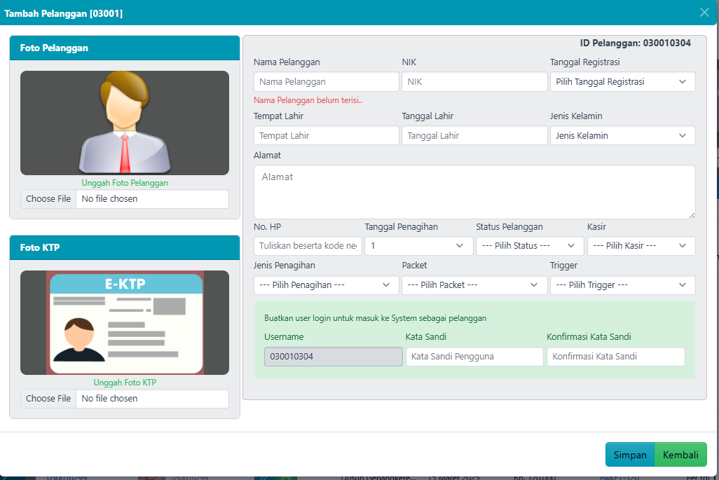 Form Tambah Pelanggan